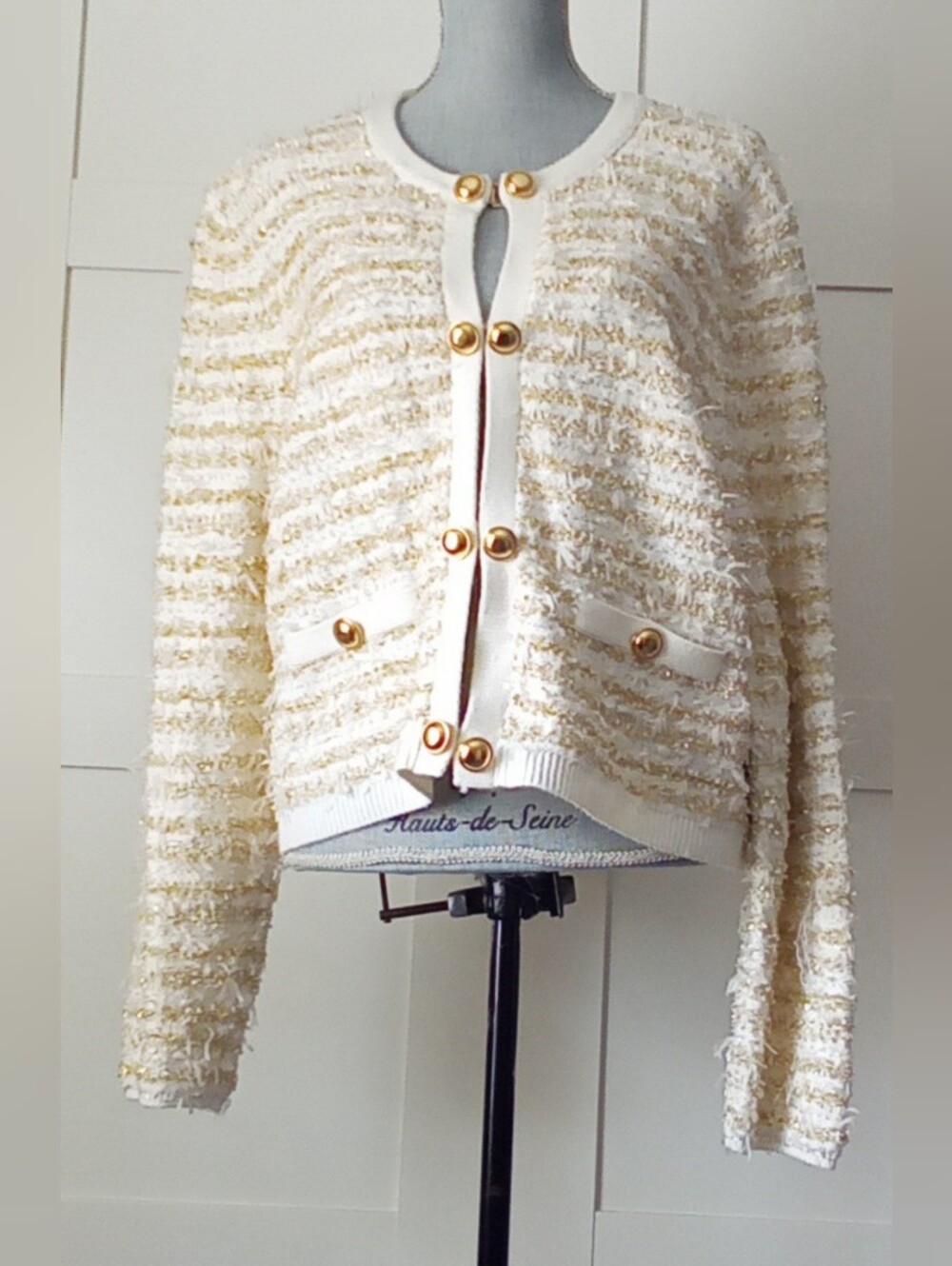 Cream & Gold Bouclé Button-Front Jacket